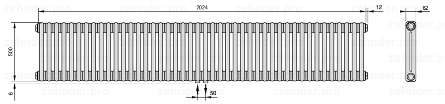 Схема (чертеж) Радиатор Zehnder Charleston 2050/44 №3470 Белый глянцевый RAL 9016